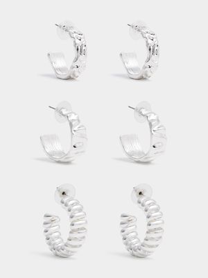 Women's Silver 3-Pack Hoop Earrings Set