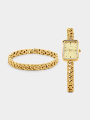 Tempo Gold Plated Rectangle Bracelet Watch & Bracelet Set