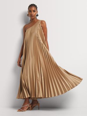 Luella Pleated Satin Asymmetrical Maxi Sundress