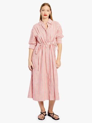 Women's Me&B Red & White Stripe Linen Tunnel Shirt Dress