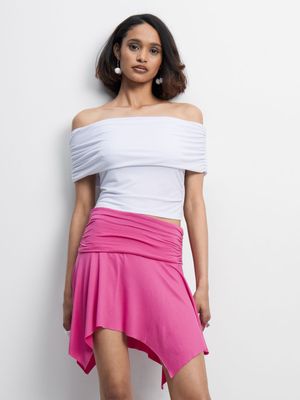 Women's Pink Assymetric Skirt With Wide Bask