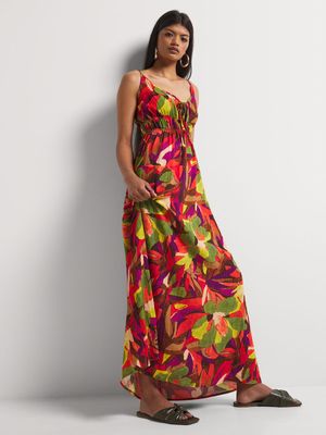 V-Neck Drawstring Maxi Sundress