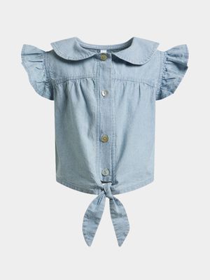 Younger Girl's Light Blue Chambray Front Tie Shirt