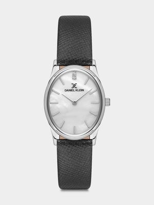 Daniel Klein Silver Plated Mother Of Pearl Dial Black Leather Watch