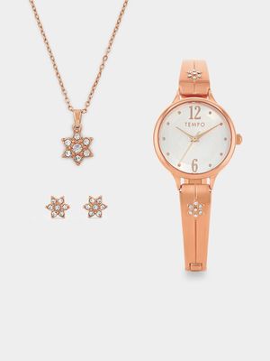 Tempo Rose Plated Bangle Watch, Flower Pendant & Stud Earrings Gift Set