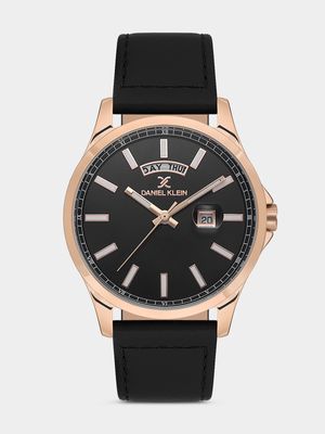 Daniel Klein Rose Plated Black Dial Black Leather Watch