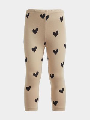 Younger Girl's Natural & Black Heart Print Leggings