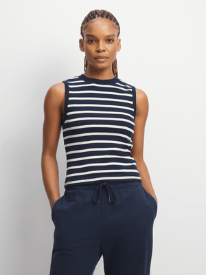 Womens TS Striped Milk/Navy Ribbed Tank Top