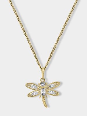 Yellow Gold, Cubic Zirconia Dragonfly pendant on a chain