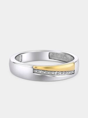 Yellow Gold & Sterling Silver Diamond Diagonal Swoop Wedding Band