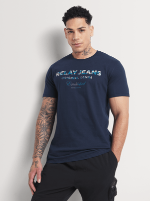 Men's Relay Jeans Slimfit Camo Branded Navy Graphic T-Shirt