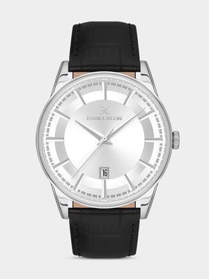 Daniel Klein Silver Plated Silver Tone Dial Black Leather Watch