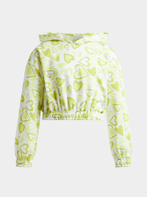 Jet Teen Girls Green/White Heart Cropped Hoody