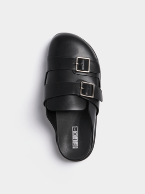 Women's Black Double Buckle Mule