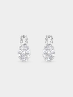 Sterling Silver Cubic Zirconia Oval Loop Stud Earrings