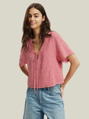 Women's Cotton On Red Haven Tie Front Short Sleeve Top