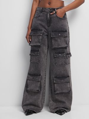 Women's Charcoal Multi Pocket Wide Leg  Jeans