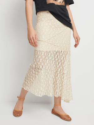 Women's Natural Lace Assymetric Skirt With Lettuce Frill Seam