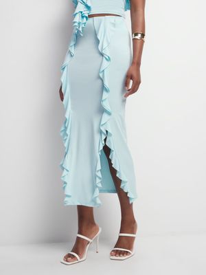 Women's Blue Co-Ord Midaxi  Skirt With Ruffles