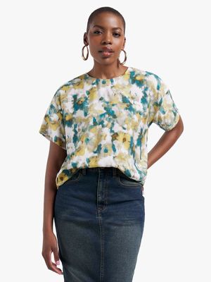 Women's Blue & White Floral Boxy T-Shirt