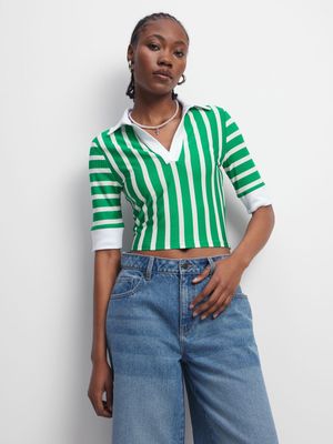 Women's Green & White Johnny Collar Top