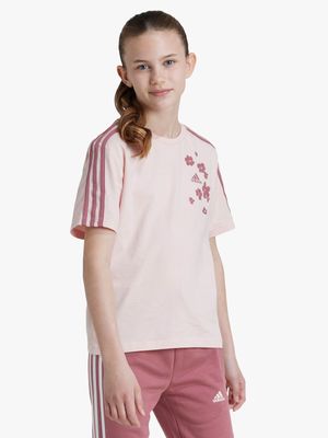 Girls adidas Essentials Flower Printed Pink Tee