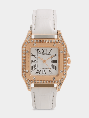 Women's White Square Diamante Watch