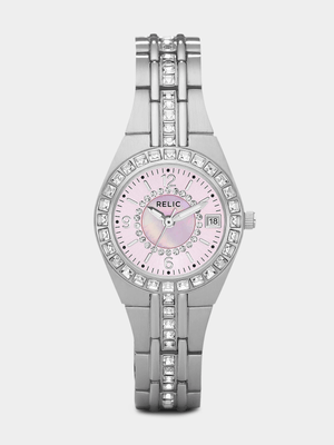 Relic By Fossil Queen's Court Pink Mother Of Pearl Dial Stainless Steel Bracelet Watch