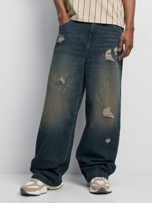 Men's Tinted Wash Baggy Rip & Repair Denim Jeans