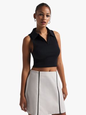 Women's Black Seamless Johnny Collar Top