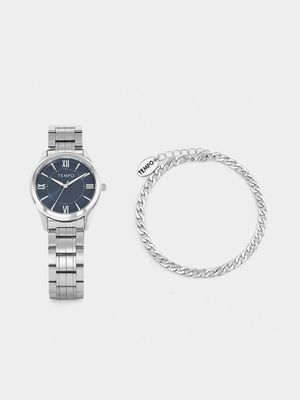 Tempo Silver Plated Navy Dial Bracelet Watch & Bracelet Set