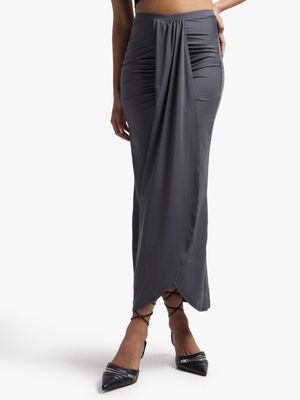 Women's Grey Midi Skirt With Front Draping