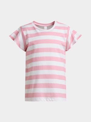 Younger Girl's Pink Striped Flutter Sleeve T-Shirt