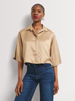 Satin Concealed Button Short Sleeve Shirt