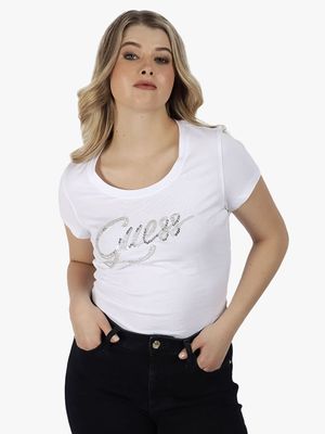 Women's Guess White Script T-Shirt