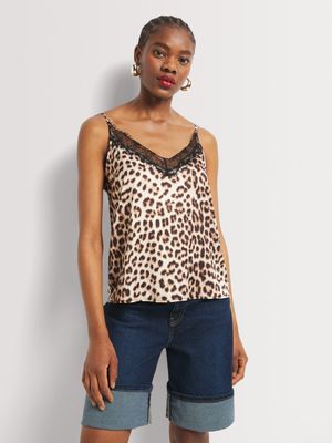 Lace V-neck Leopard Satin Cami