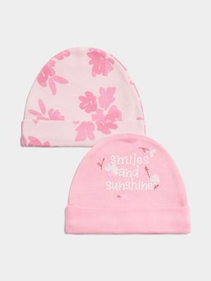 Jet Baby Girls Pink 2 Pack Pretty Flowers Beanies