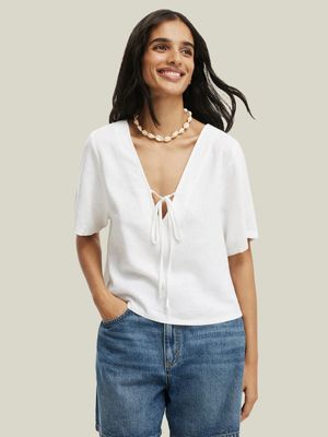 Women's Cotton On White Haven Tie Front Short Sleeve Top