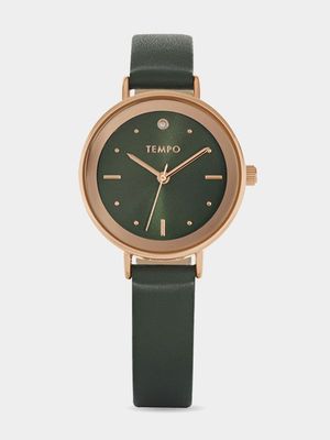 Tempo Ladies Rose Toned and Green Leather Watch