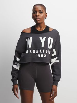 Womens TS Manhattan Graphic Drop Shoulder Charcoal Cropped Sweat Top