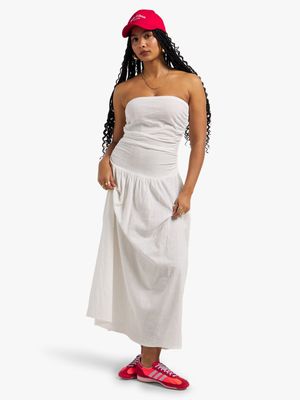 Women's White Textured Bandeau Maxi Dress