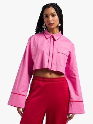 Women's Pink Cropped Boxy Shirt With Contrast Tipping