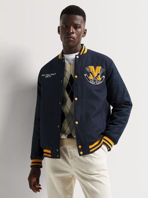 Men's Markham Twill Pu Varsity Navy Bomber Jacket