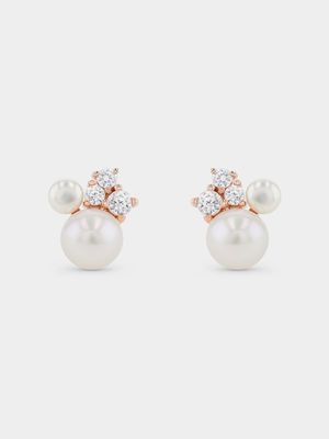 Rose Gold Plated Sterling Silver Shell Pearl & Cubic Zirconia Stud Earrings