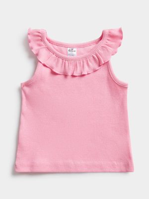 Jet Baby Girls Candy Pink Neck Frill Ribbed Top