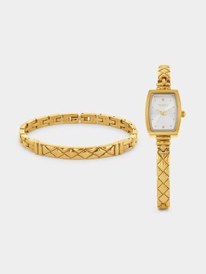 Tempo Gold Plated Silver Dial Tonneau Bangle Watch & Bangle Set