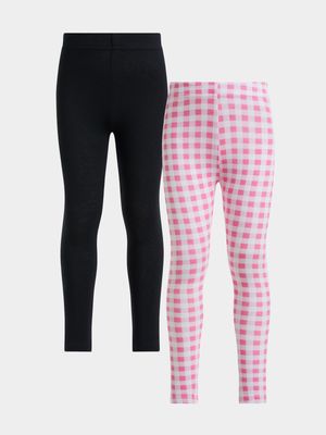 Jet Younger Girls Black/Pink Check 2 Pack Leggings