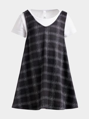 Younger Girl's Black & Grey Check Pinafore & T-Shirt Set