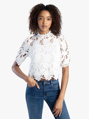 Women's Sissy Boy  White Edged Floral Crochet Blouse