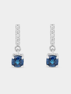 Sterling Silver Sapphire Blue Cubic Zirconia Bar Drop Earrings